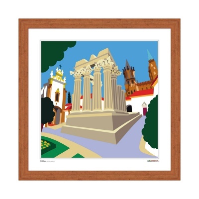 Ilustração colorida de monumento com colunas e edifícios históricos, em moldura de madeira.