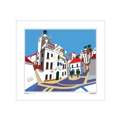 Imagem gráfica de edifícios coloridos e rua curva com texto 