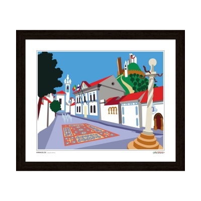 Gravura colorida emoldurada com cena urbana estilizada e elementos arquitetónicos
