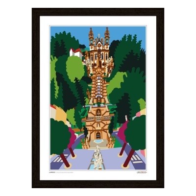 Gravura colorida de edifício histórico com árvores e escadaria emoldurada