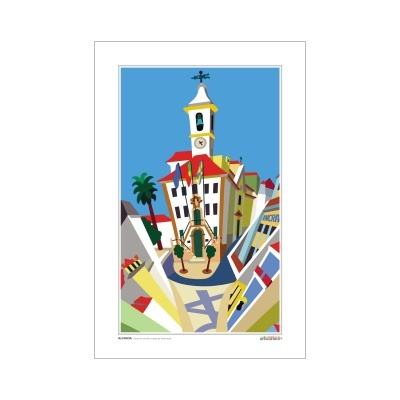 Poster ilustrado com edifício e torre do relógio em cores vivas