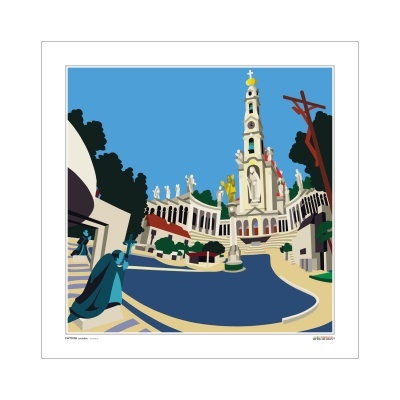 Ilustração estilizada do Santuário de Fátima com pessoas e estátuas brancas