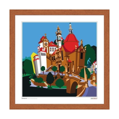 Gravura digital colorida de paisagem urbana histórica com moldura de madeira castanha