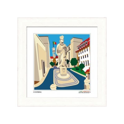 Ilustração colorida de uma estátua em Coimbra dentro de moldura branca