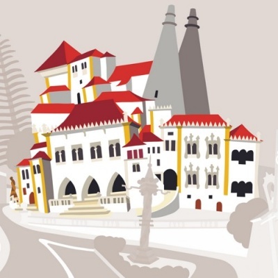 Ilustração de edifícios históricos com telhados vermelhos e chaminés cinzentas