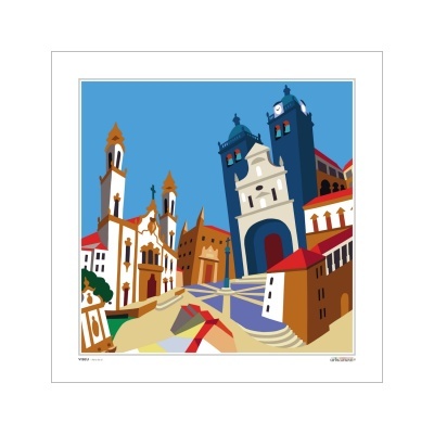 Ilustração digital colorida de edifícios históricos urbanos