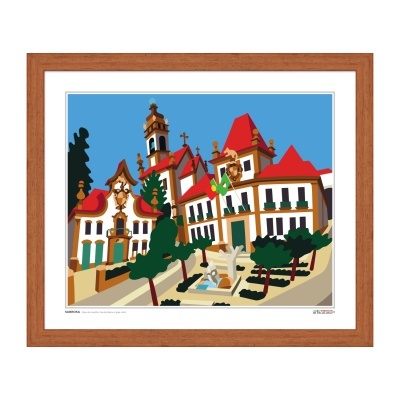 Quadro digital colorido de edifício histórico com telhados vermelhos e árvores verdes numa paisagem urbana.