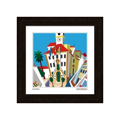 Quadro com ilustração de edifício com torre e elementos urbanos em Almada