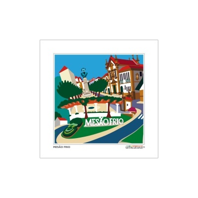 Ilustração colorida de praça com estátua e texto MESÃO FRIO