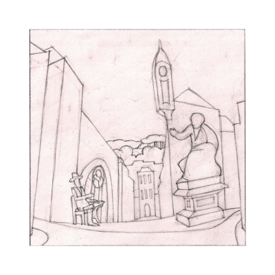 Desenho a lápis de praça urbana com estátua, relógio e cadeira