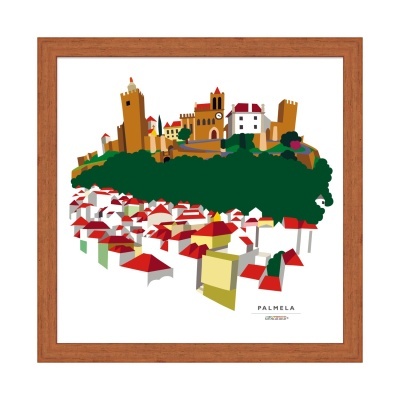 Ilustração da cidade de Palmela com casas, castelos e árvores