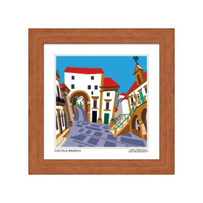 Quadro com ilustração de paisagem urbana de Castelo Branco em moldura de madeira