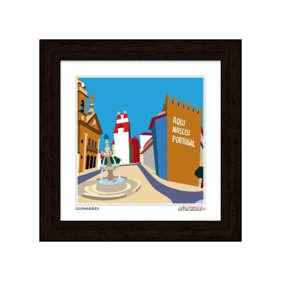 ilustração colorida com fonte, edifícios e frase 'AQUI NASCEU PORTUGAL'