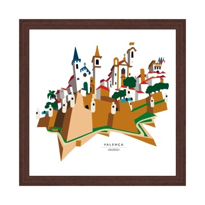 Ilustração colorida de Valença com torres e muralhas em moldura de madeira castanho escuro