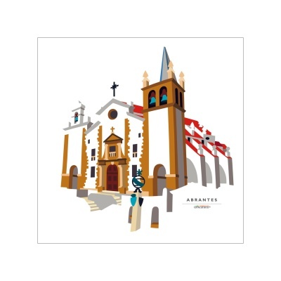 Ilustração de igreja com torre e sinos em Abrantes