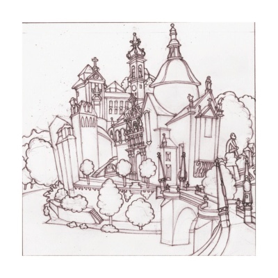 Desenho a preto e branco de paisagem urbana com edifícios históricos e árvores