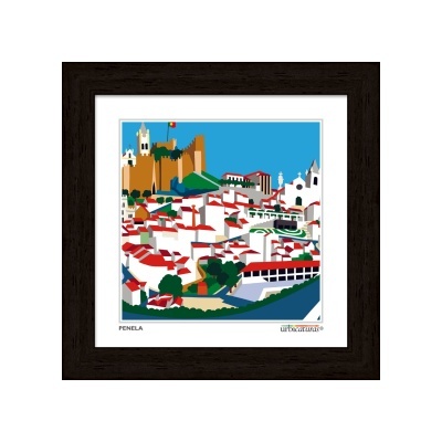 Ilustração colorida de vila portuguesa com castelo e casas brancas em moldura preta