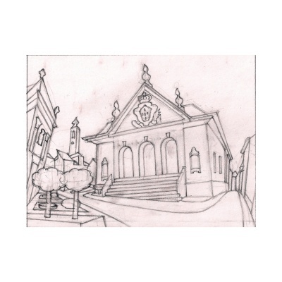 Desenho a lápis de um edifício com arcos e árvores arredondadas