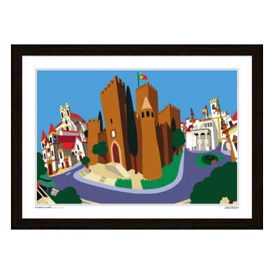 Ilustração colorida de castelo e aldeia com bandeira portuguesa