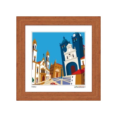 Ilustração colorida de edifícios históricos em Viseu numa moldura de madeira
