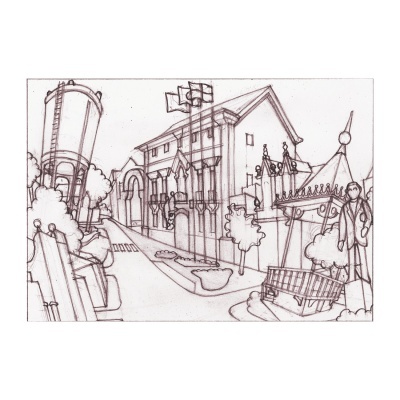 Desenho a lápis de uma rua com edifícios, árvores e carrossel