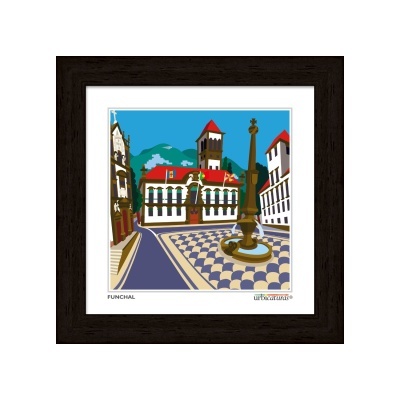 Quadro decorativo com imagem de praça em Funchal, edifícios, calçada, fonte