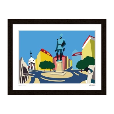 Gravura colorida de estátua em rotunda com prédios e igreja ao fundo