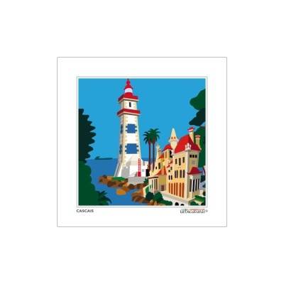 Ilustração de farol e casas em Cascais com céu azul