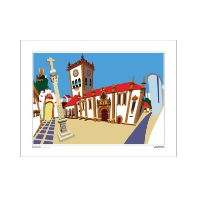 Ilustração de edifícios históricos com torre, cruz e praça pavimentada