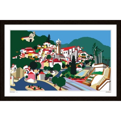 Ilustração de vila colorida com igreja e montanhas