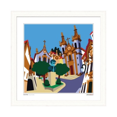 Quadro ilustrativo de edifícios históricos e busto em cenário urbano