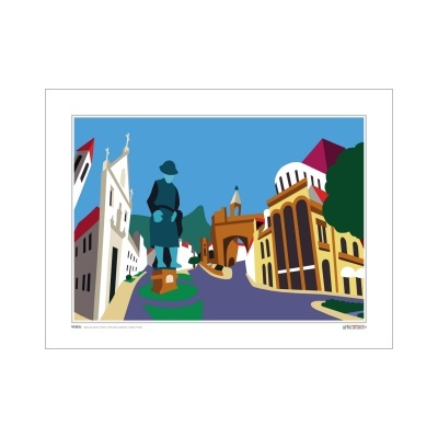 Ilustração gráfica de praça com estátua e edifícios históricos coloridos