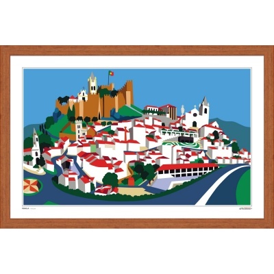 Gravura ilustrativa de vila com casas brancas e telhados vermelhos, castelo e igreja ao fundo