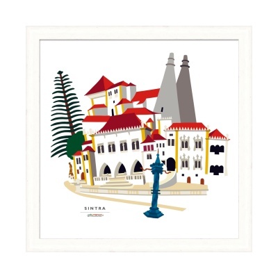 Ilustração colorida de edificios de Sintra com telhados vermelhos e chaminés altas