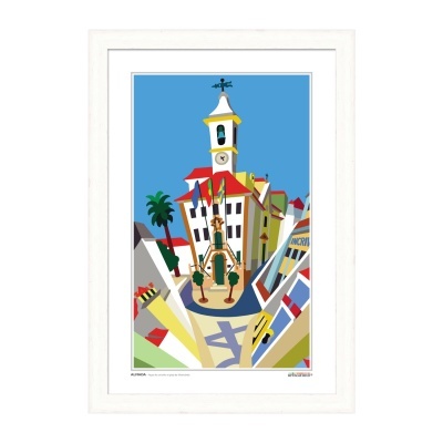 Ilustração colorida de edifício com torre de relógio em moldura branca