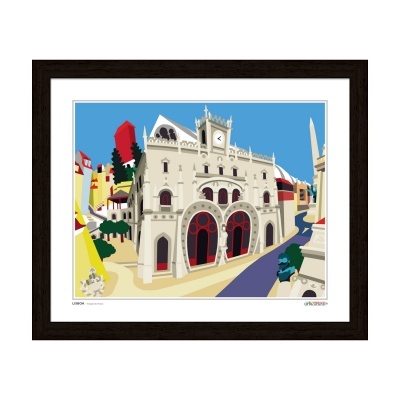 Ilustração digital colorida de edifício histórico com arcos vermelhos, céu azul e construções em volta numa moldura preta.