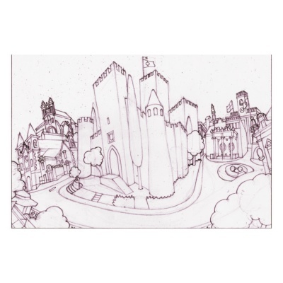 Desenho a tinta de uma vila com castelo, casas, árvores, estrada curva e elementos urbanos.