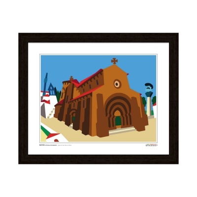 Ilustração digital de uma igreja românica com moldura de madeira escura.