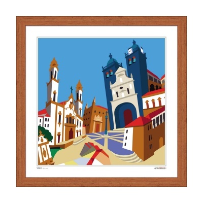 Ilustração colorida de edifícios históricos emoldurada por moldura de madeira castanha.