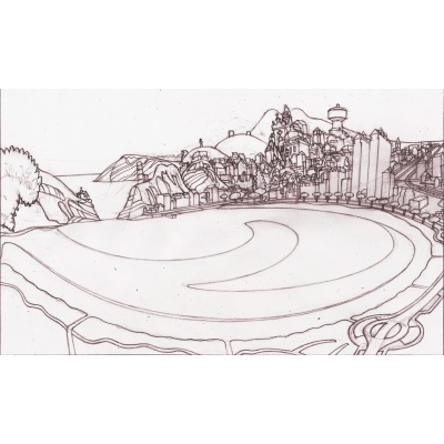 Desenho a traço fino de uma arena circular com edifícios e montanhas ao fundo