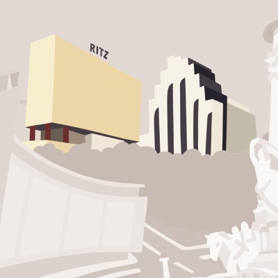 Edifícios urbanos minimalistas com destaque para edifício amarelo com texto RITZ