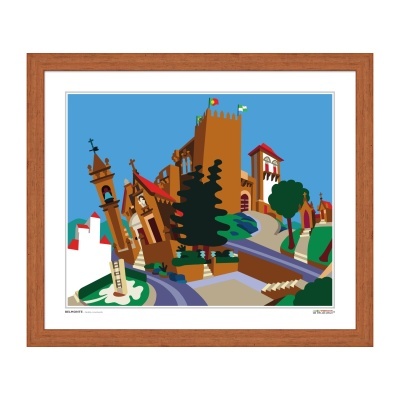 Ilustração colorida de edifícios com bandeiras e árvore num quadro com moldura castanha