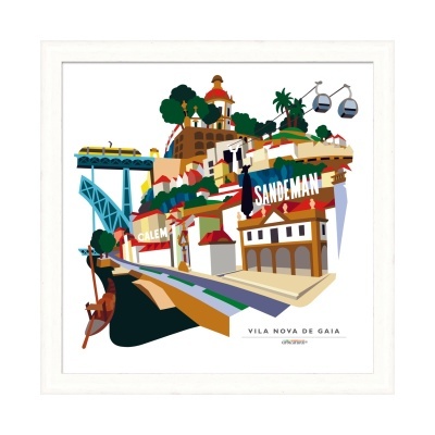 Ilustração colorida de Vila Nova de Gaia com teleféricos, comboio, ponte, barco e sinais CALEM e SANDEMAN