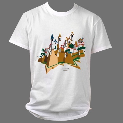 T-shirt branca com estampa colorida de cidade e texto VALENCIA SPAIN
