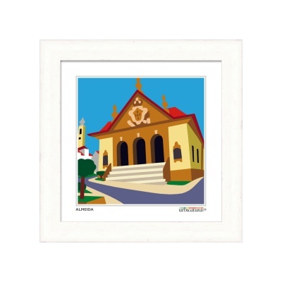 Ilustração emoldurada de um edifício com colunas e escadaria em cores quentes