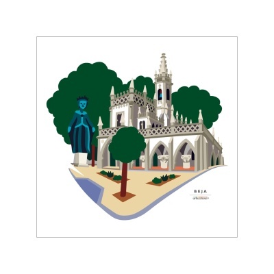 Ilustração digital colorida de monumento histórico em Beja com árvores e estátua azul