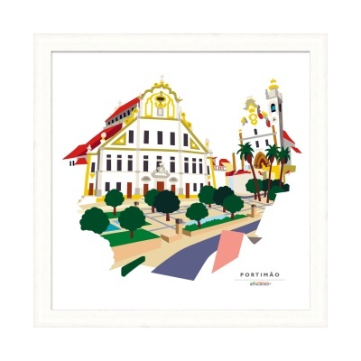 Gravura de edifício histórico em Portimão com árvores e palmeiras