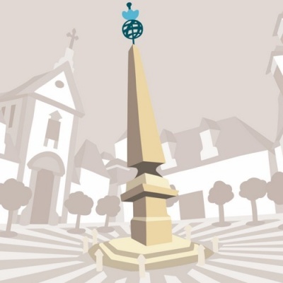 Monumento obelisco amarelo com esfera azul no topo em cenário urbano estilizado