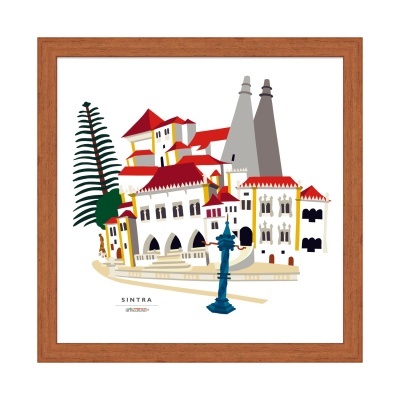 Ilustração colorida de edifícios em Sintra com moldura de madeira castanha