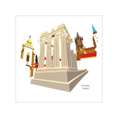 Ilustração digital de monumentos arquitetónicos de Évora com colunas clássicas e edifícios históricos coloridos